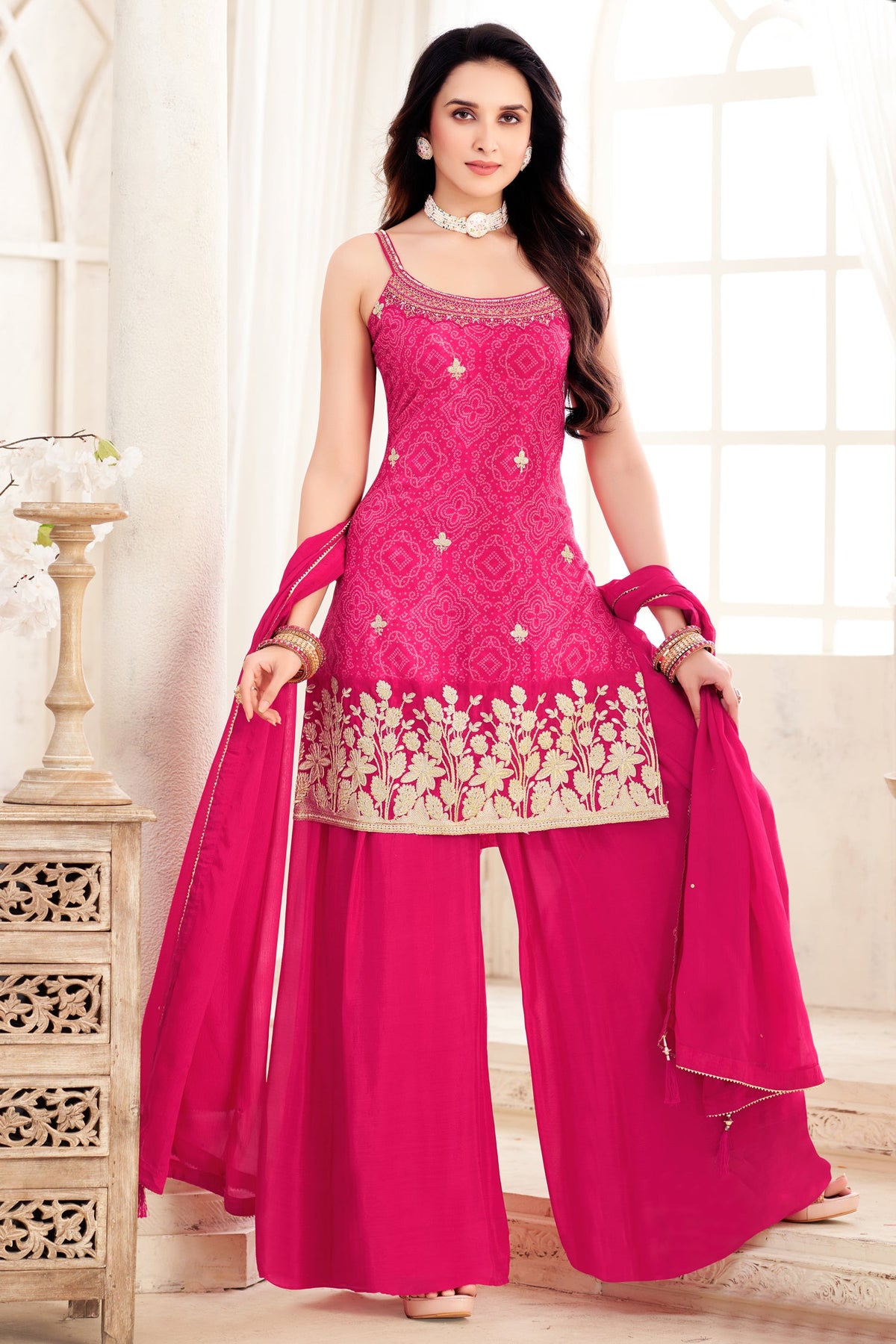Pink Chinon Chiffon Printed Palazzo Suit with Gota Work