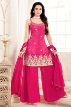 Pink Chinon Chiffon Printed Palazzo Suit with Gota Work