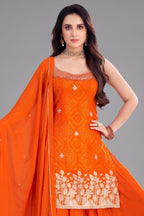 Orange Chinon Chiffon Printed Palazzo Suit with Gota Work
