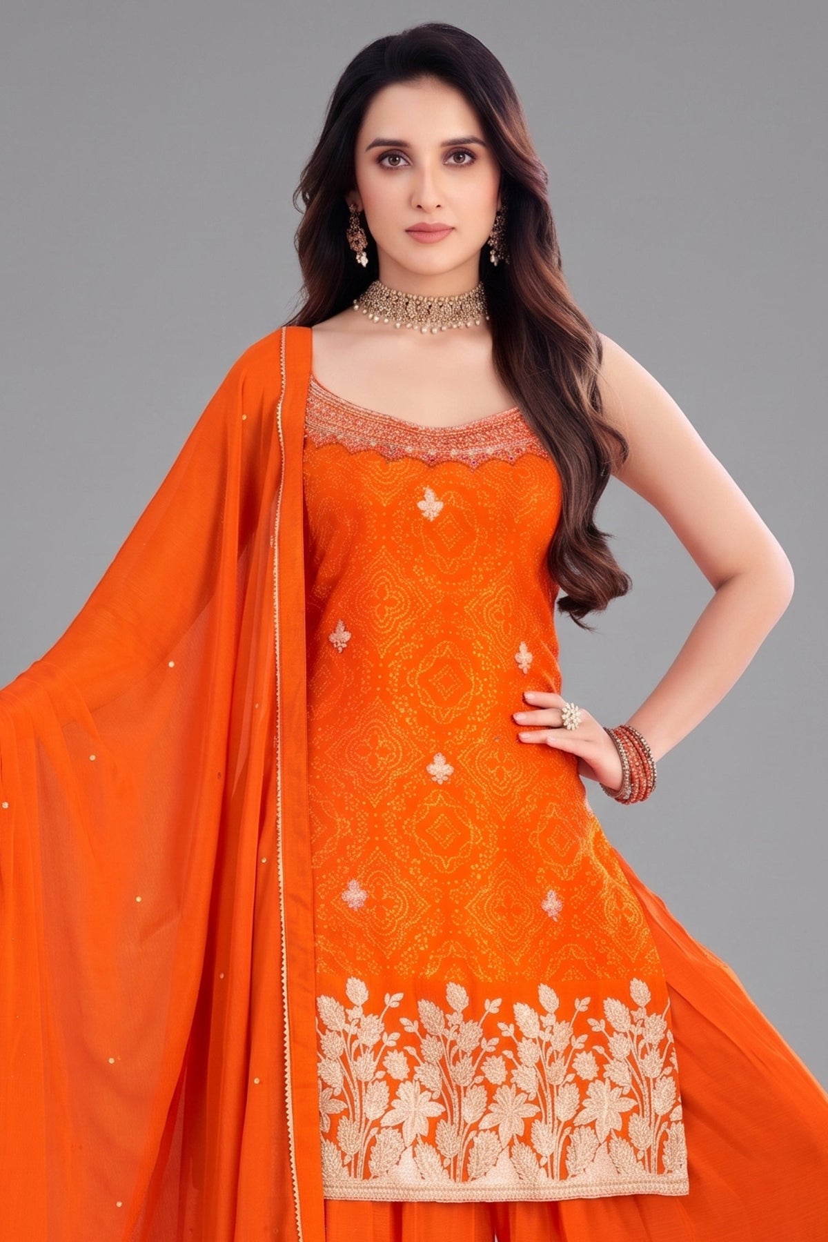 Orange Chinon Chiffon Printed Palazzo Suit with Gota Work