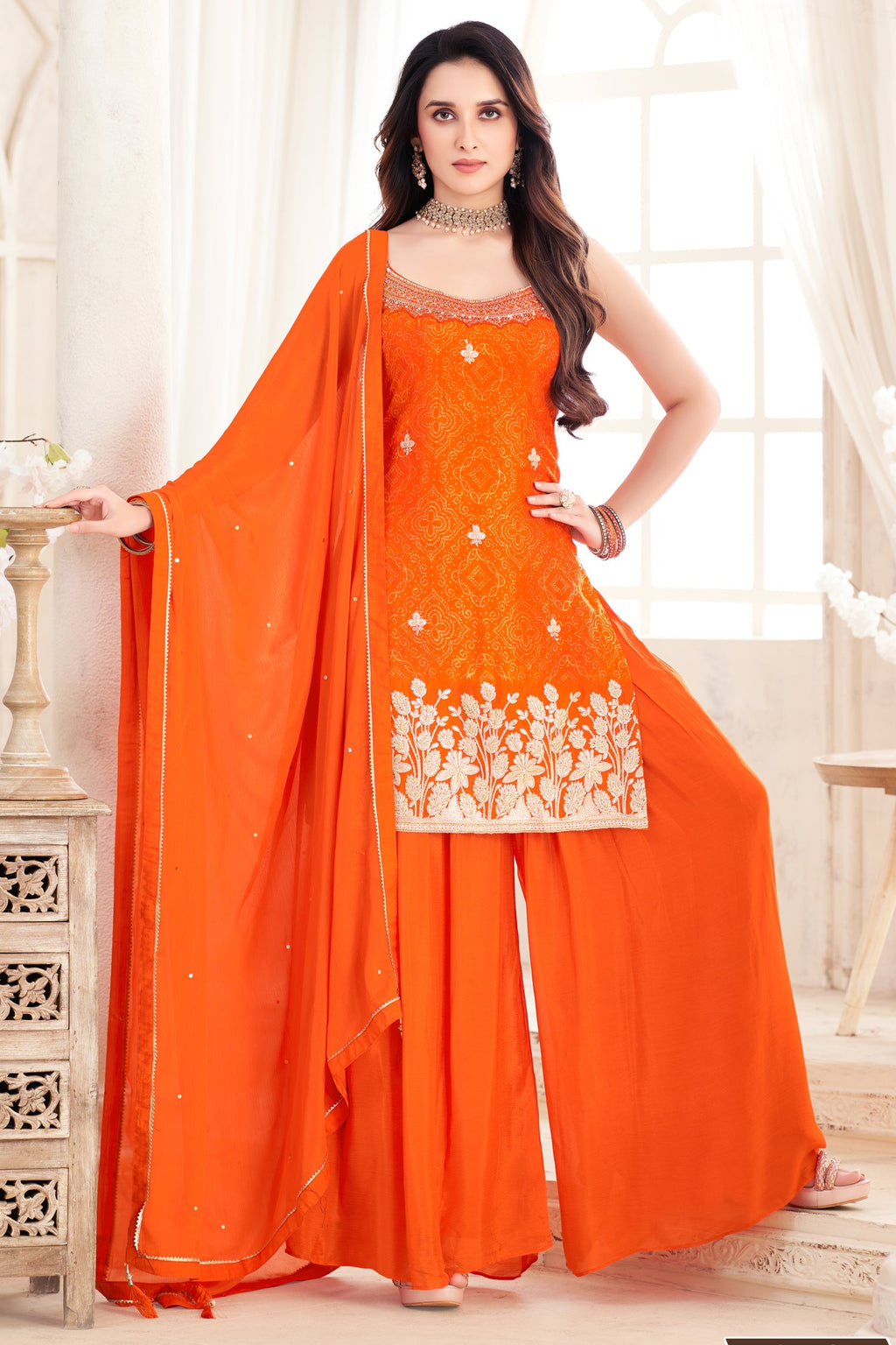 Orange Chinon Chiffon Printed Palazzo Suit with Gota Work