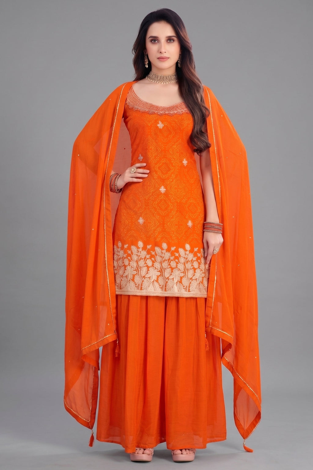 Orange Chinon Chiffon Printed Palazzo Suit with Gota Work