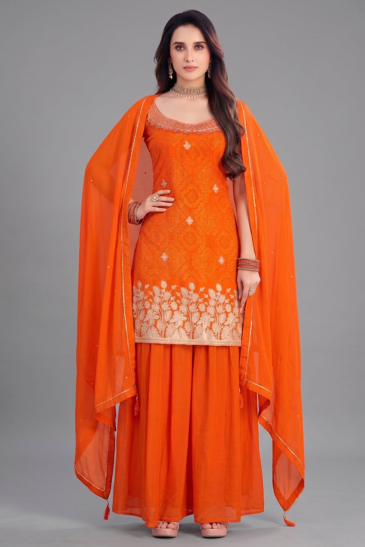 Orange Chinon Chiffon Printed Palazzo Suit with Gota Work