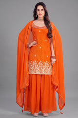 Orange Chinon Chiffon Printed Palazzo Suit with Gota Work