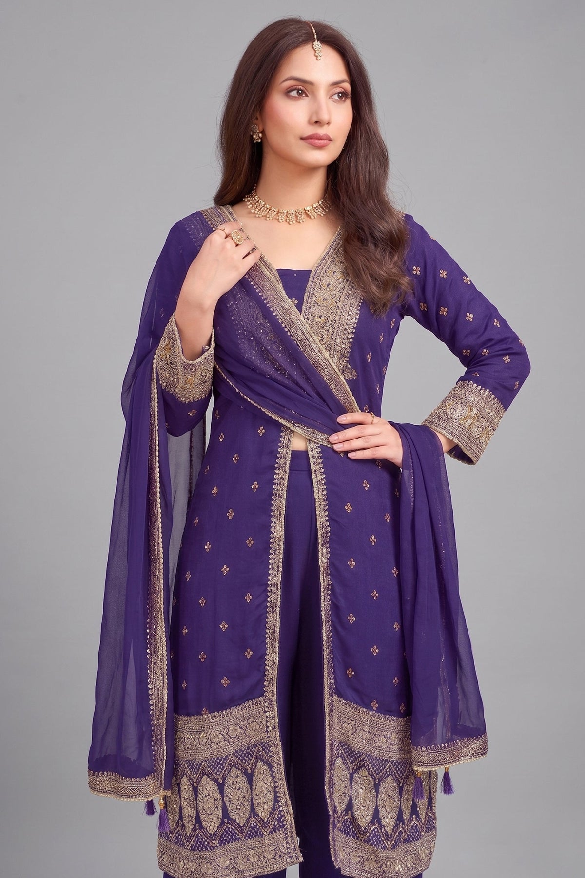 Purple Georgette Slit Cut Suit