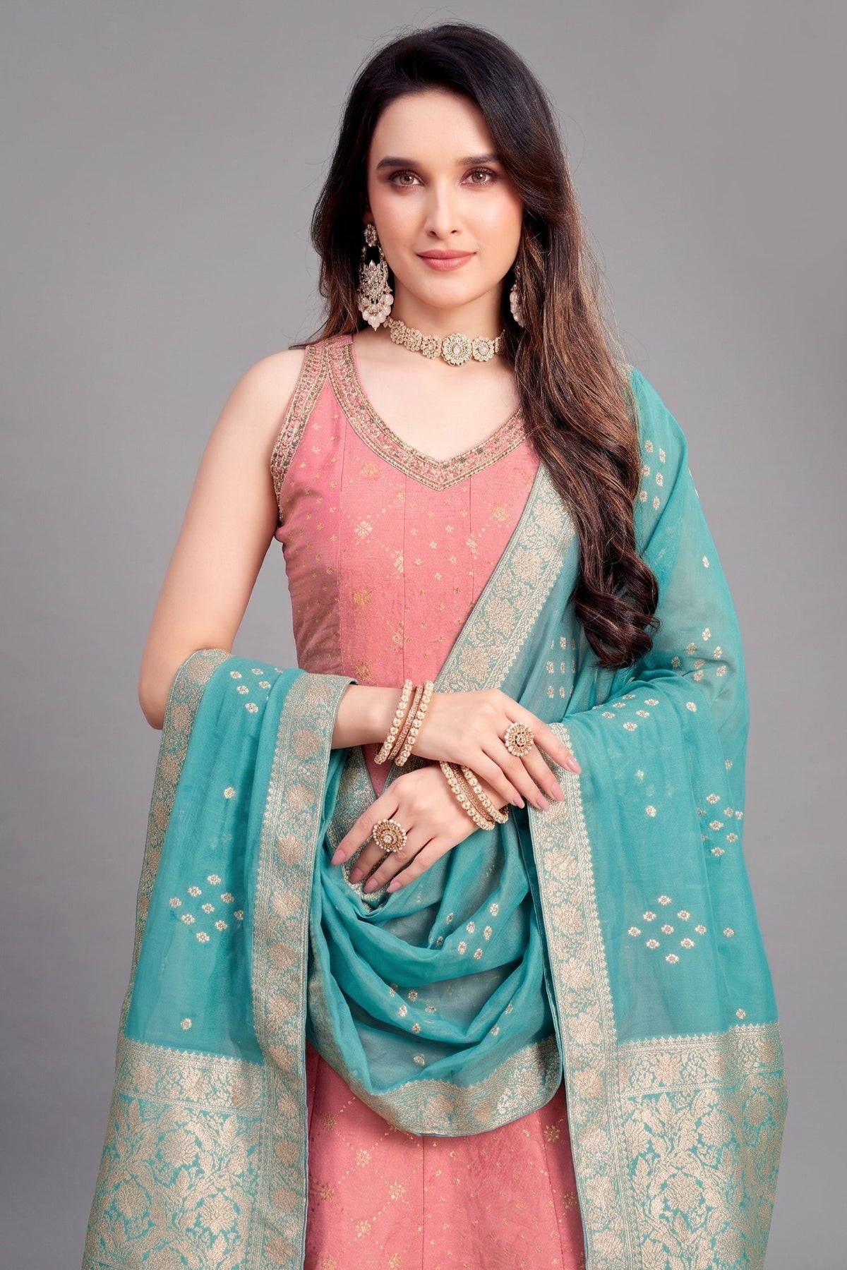 Light Pink Tissue Woven and Sequin Worked Anarkali Suit