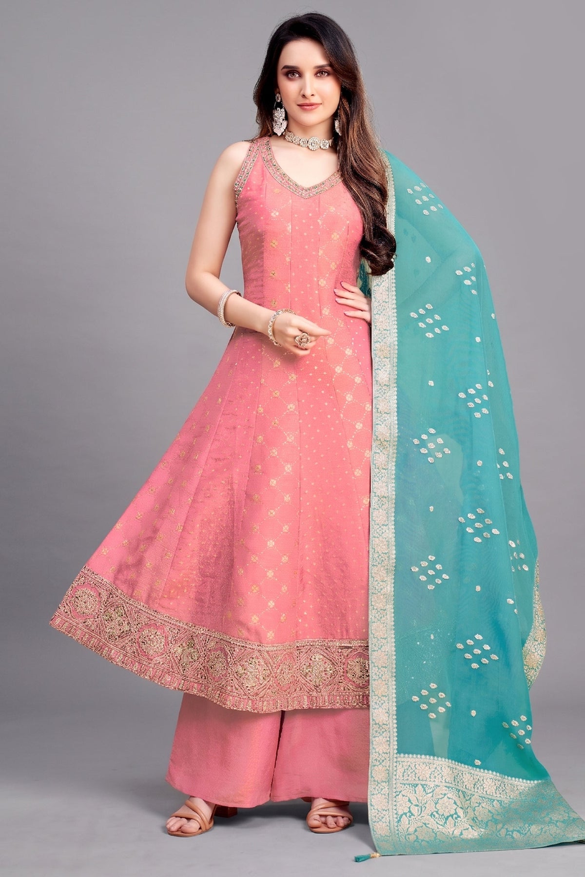 Light Pink Tissue Woven and Sequin Worked Anarkali Suit