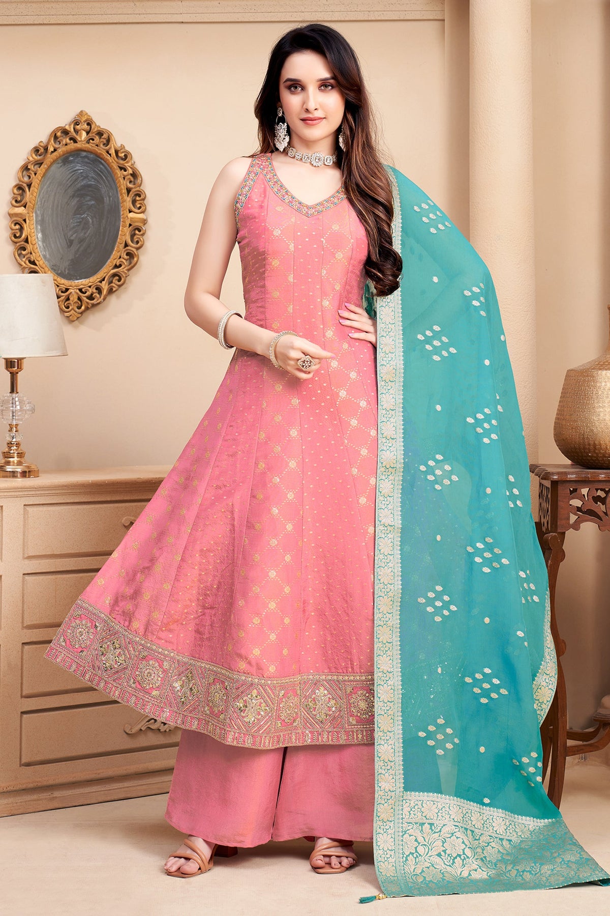 Light Pink Tissue Woven and Sequin Worked Anarkali Suit