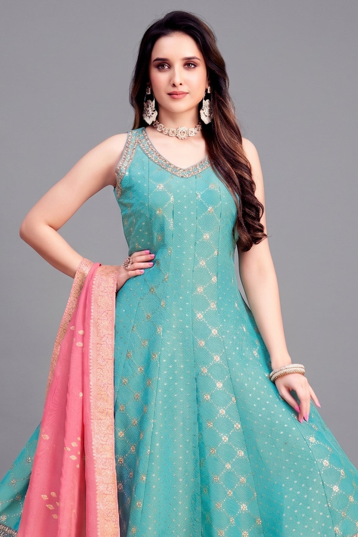Light Sky Blue Tissue Woven and Sequin Worked Anarkali Suit