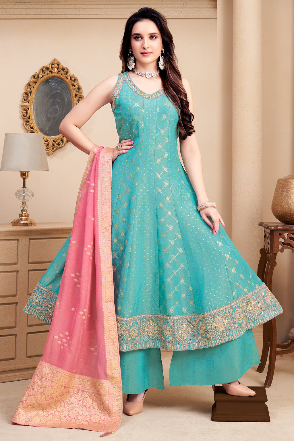 Light Sky Blue Tissue Woven and Sequin Worked Anarkali Suit