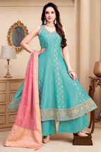 Light Sky Blue Tissue Woven and Sequin Worked Anarkali Suit