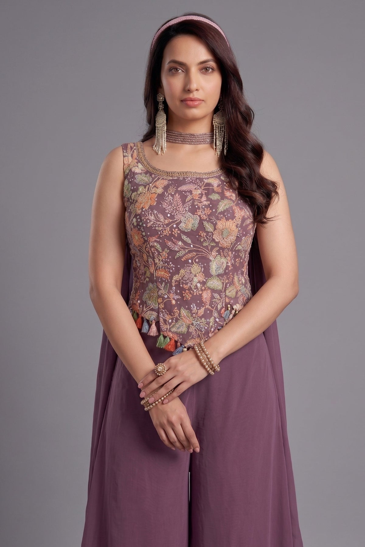 Dusty Plum Purple Crepe Silk Floral Printed Crop Top and Palazzo Set