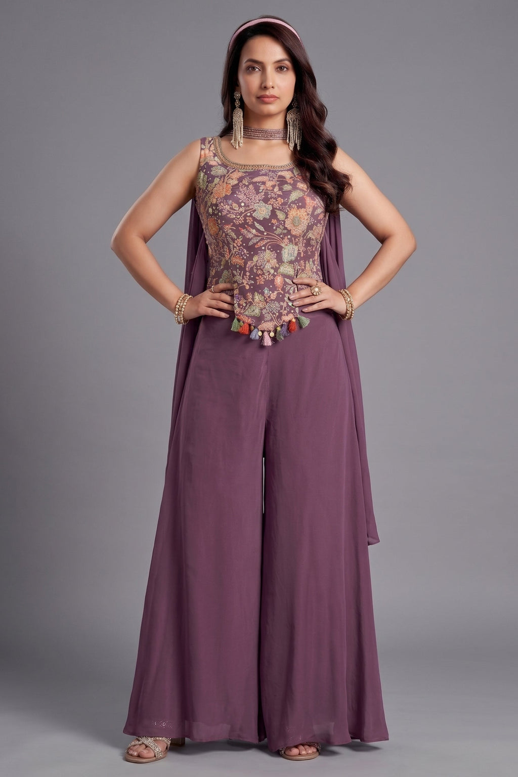 Dusty Plum Purple Crepe Silk Floral Printed Crop Top and Palazzo Set