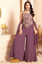 Dusty Plum Purple Crepe Silk Floral Printed Crop Top and Palazzo Set