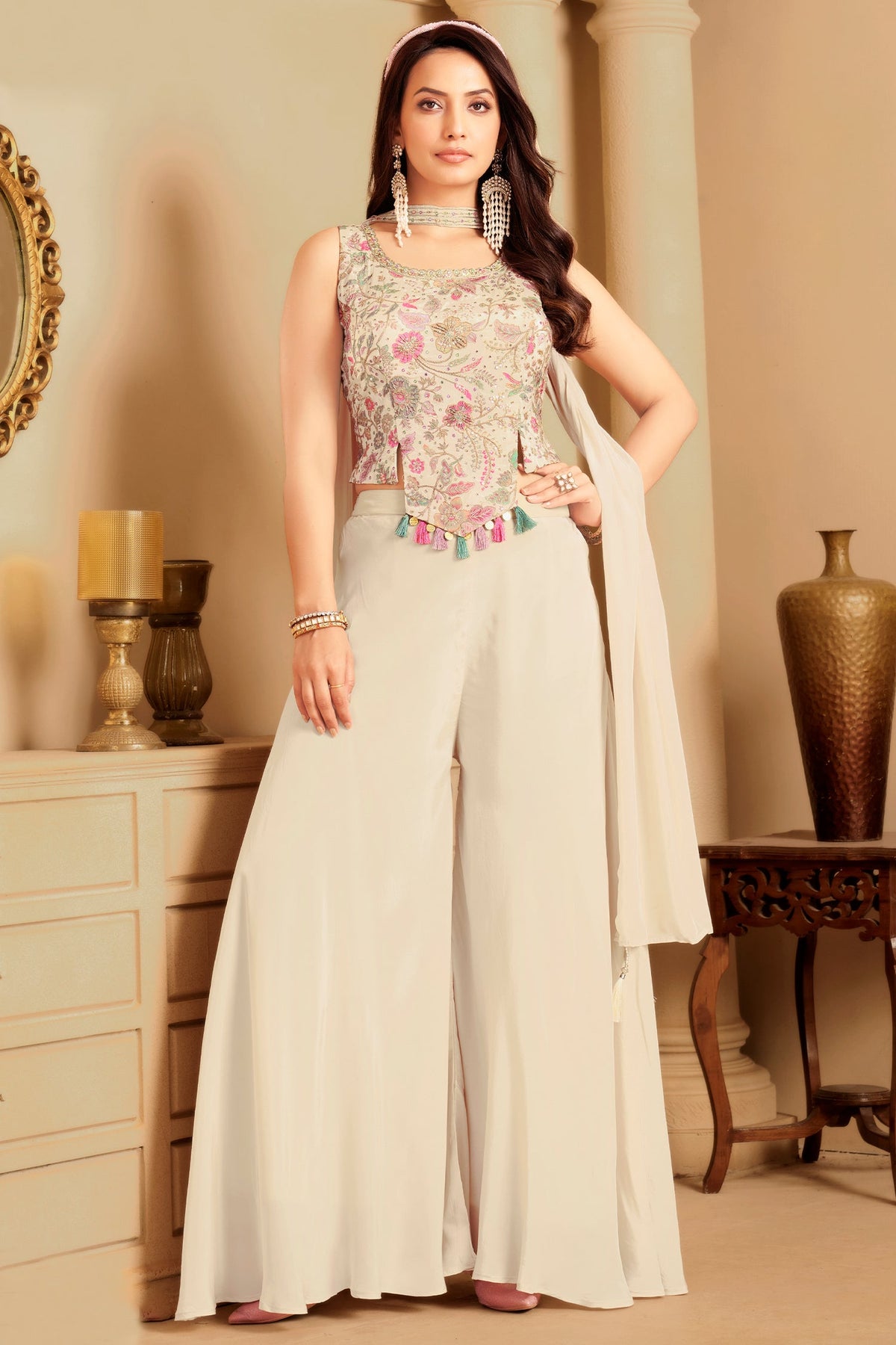 Off White Crepe Silk Floral Printed Crop Top and Palazzo Set