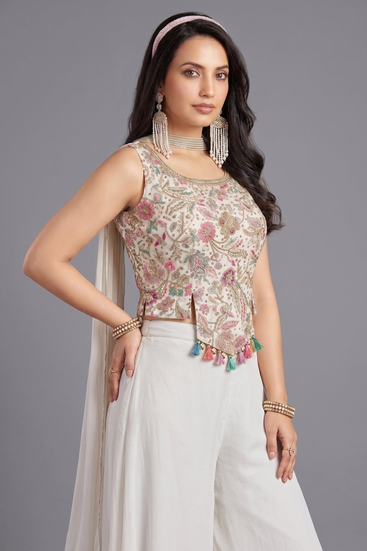 Off White Crepe Silk Floral Printed Crop Top and Palazzo Set