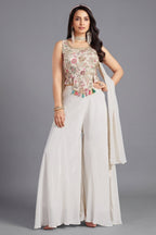 Off White Crepe Silk Floral Printed Crop Top and Palazzo Set