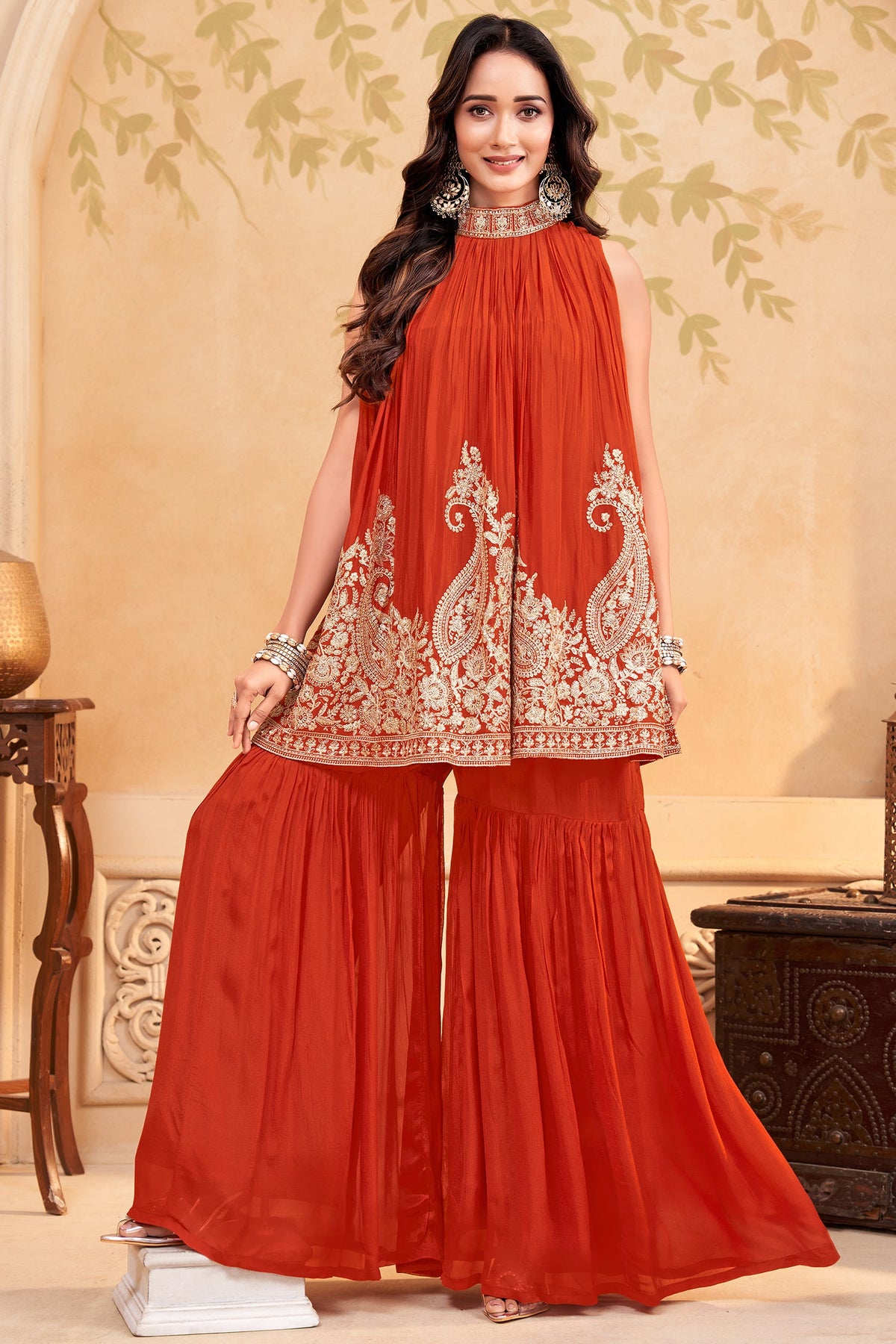 Orange Georgette High Neck Sequin Embroidered Sharara Set