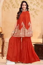 Orange Georgette High Neck Sequin Embroidered Sharara Set