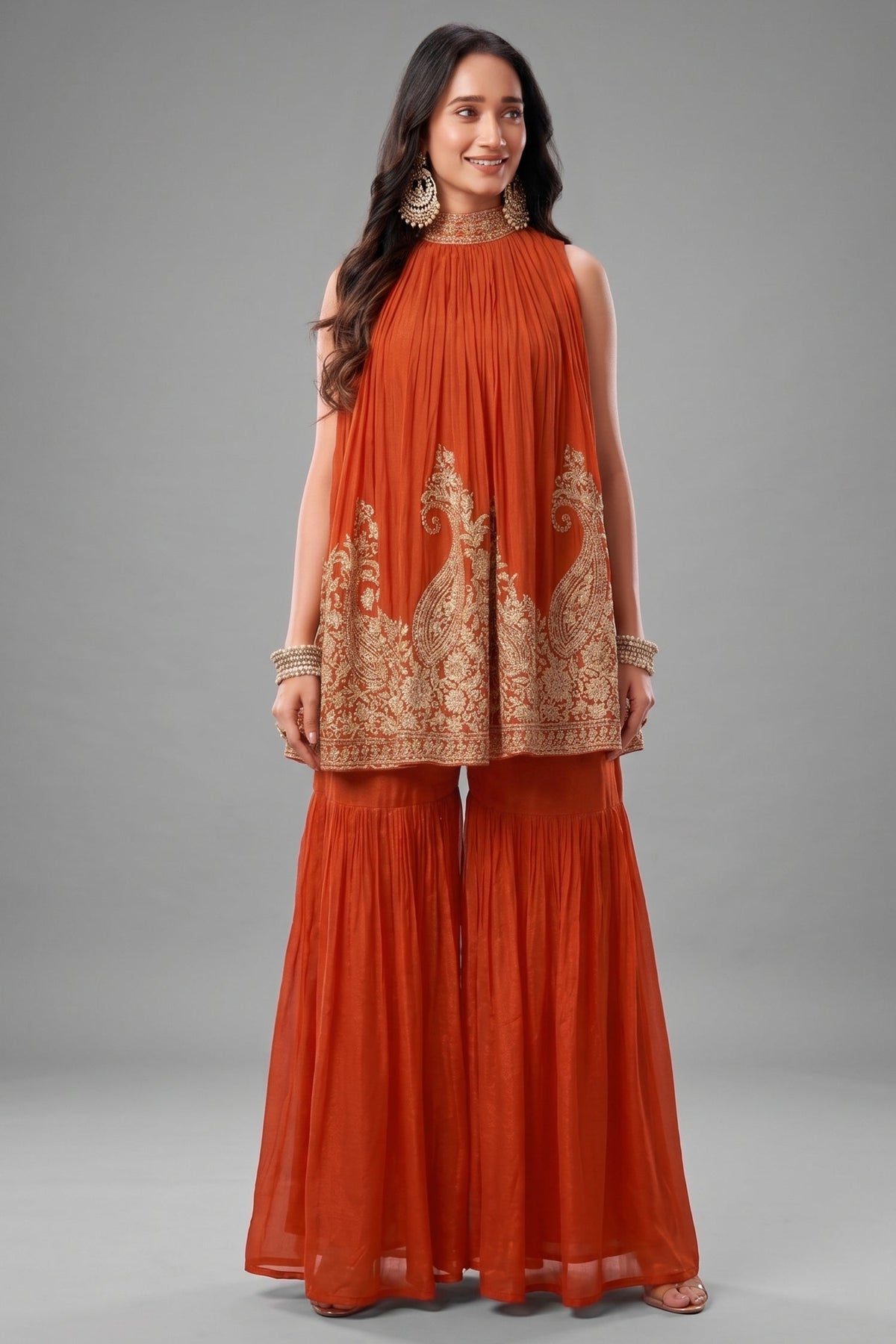 Orange Georgette High Neck Sequin Embroidered Sharara Set