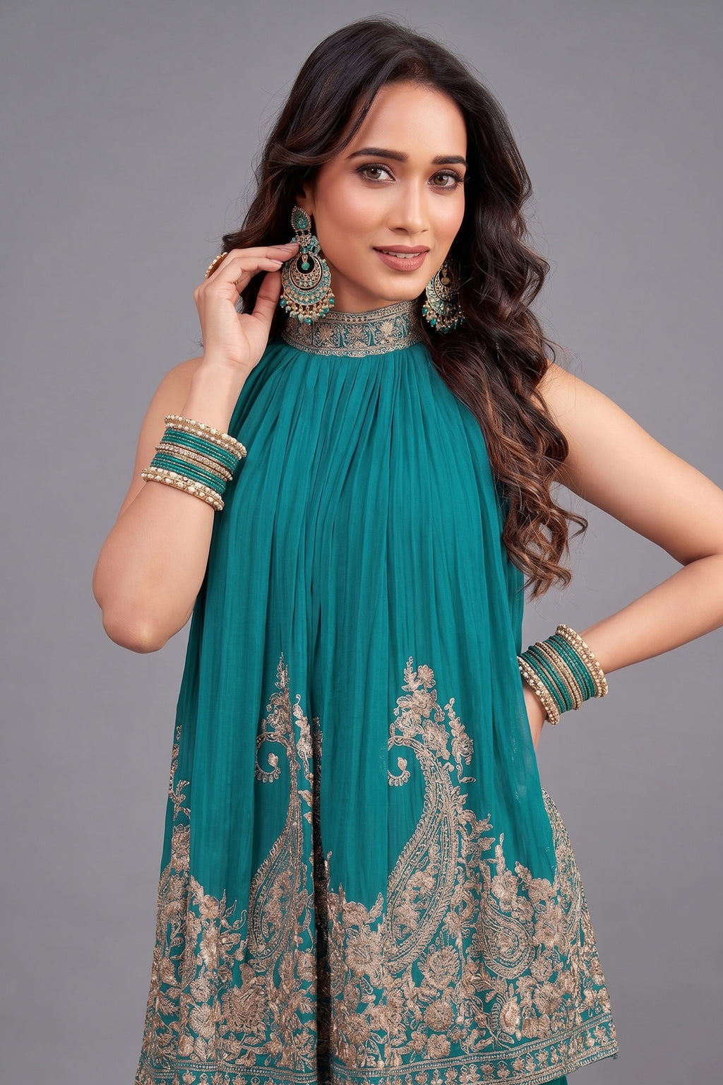 Turquoise Blue Georgette High Neck Sequin Embroidered Sharara Set