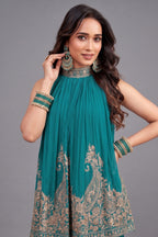 Turquoise Blue Georgette High Neck Sequin Embroidered Sharara Set