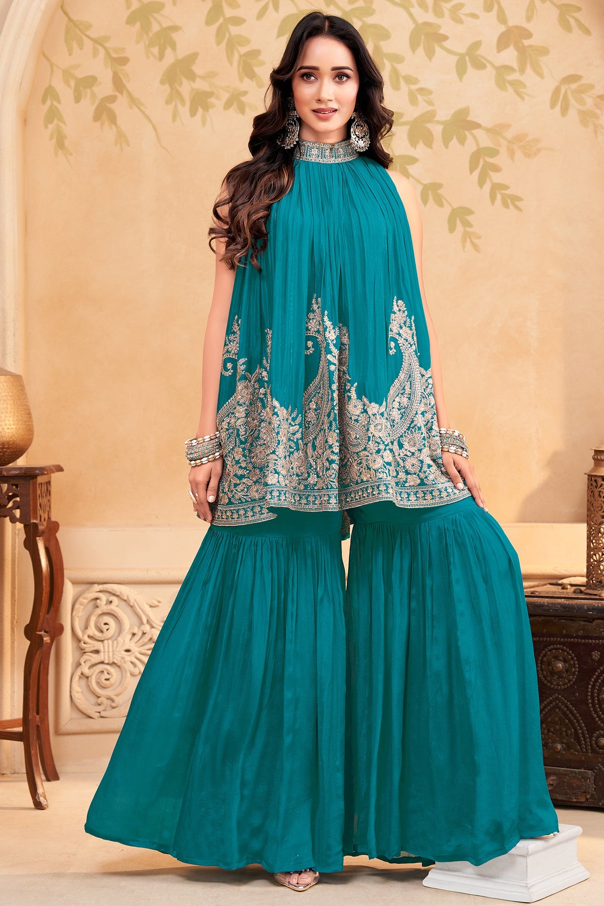 Turquoise Blue Georgette High Neck Sequin Embroidered Sharara Set
