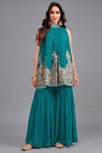 Turquoise Blue Georgette High Neck Sequin Embroidered Sharara Set