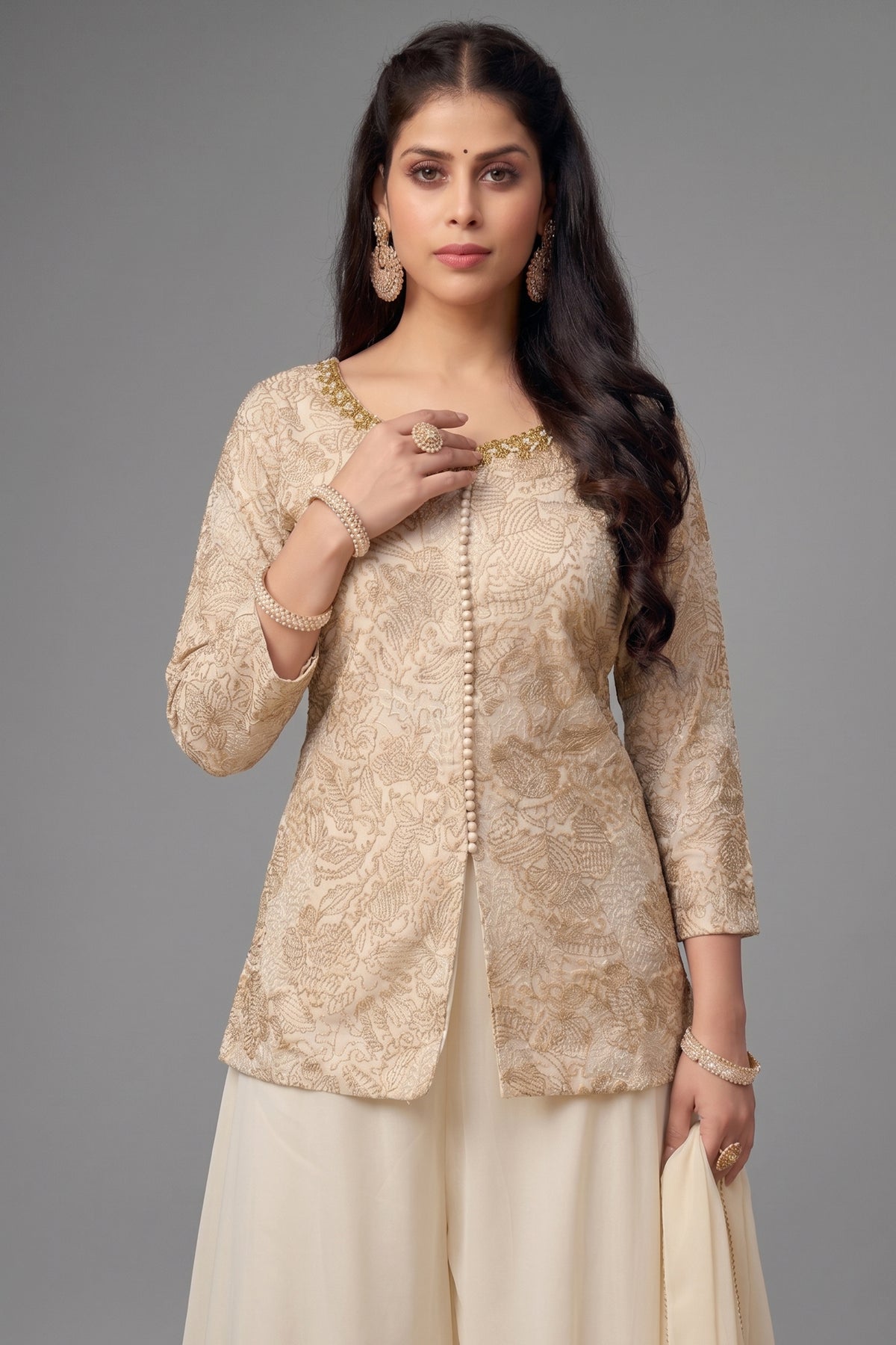 Off White Georgette Sequin and Cutdana Worked Palazzo Suit
