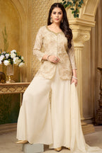 Off White Georgette Sequin and Cutdana Worked Palazzo Suit