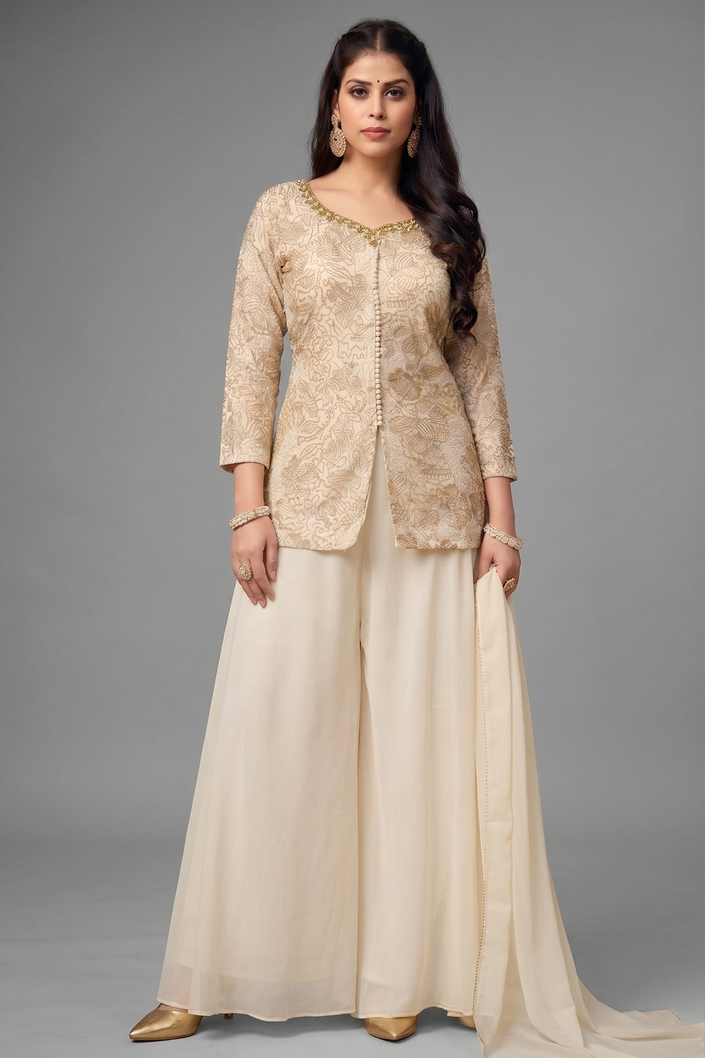 Off White Georgette Sequin and Cutdana Worked Palazzo Suit