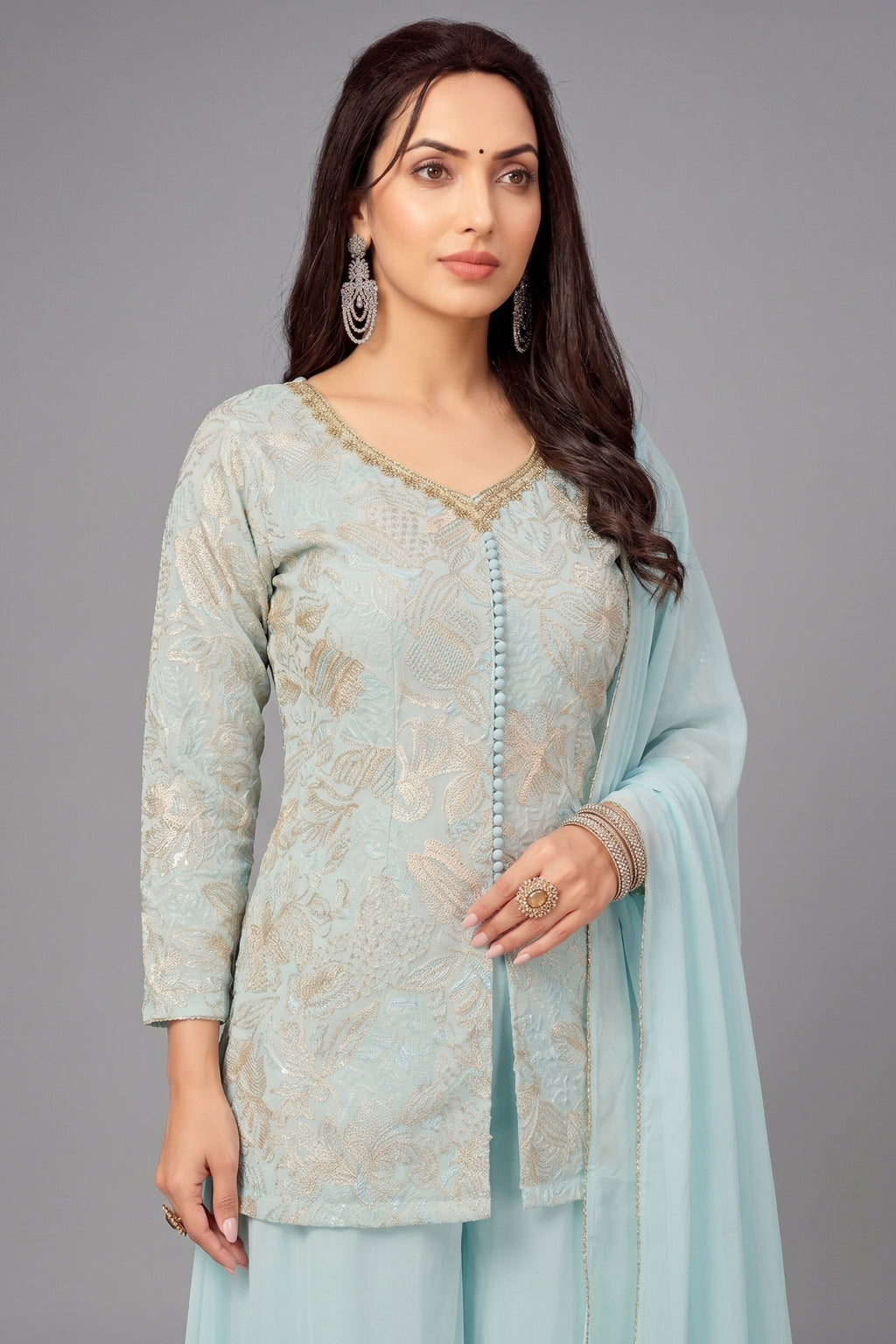 Light Sky Blue Georgette Sequin and Cutdana Worked Palazzo Suit