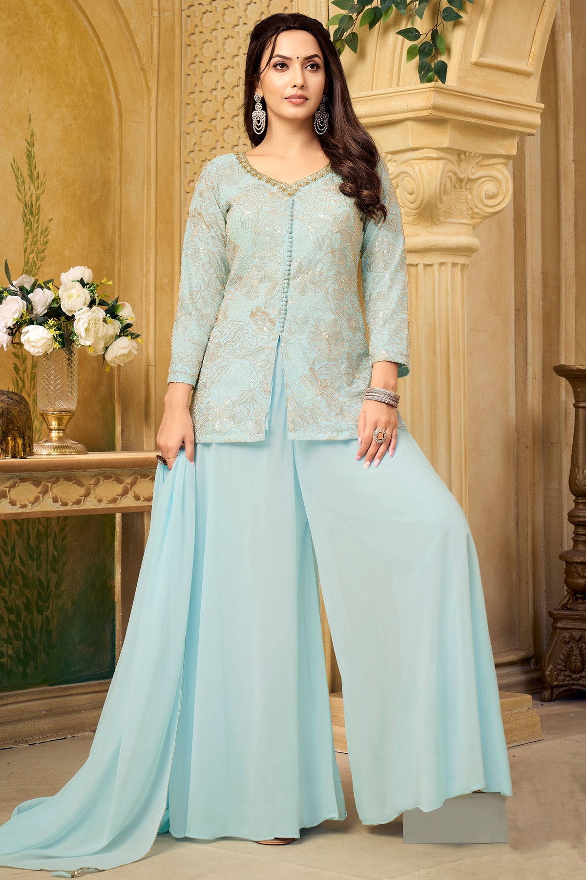 Light Sky Blue Georgette Sequin and Cutdana Worked Palazzo Suit