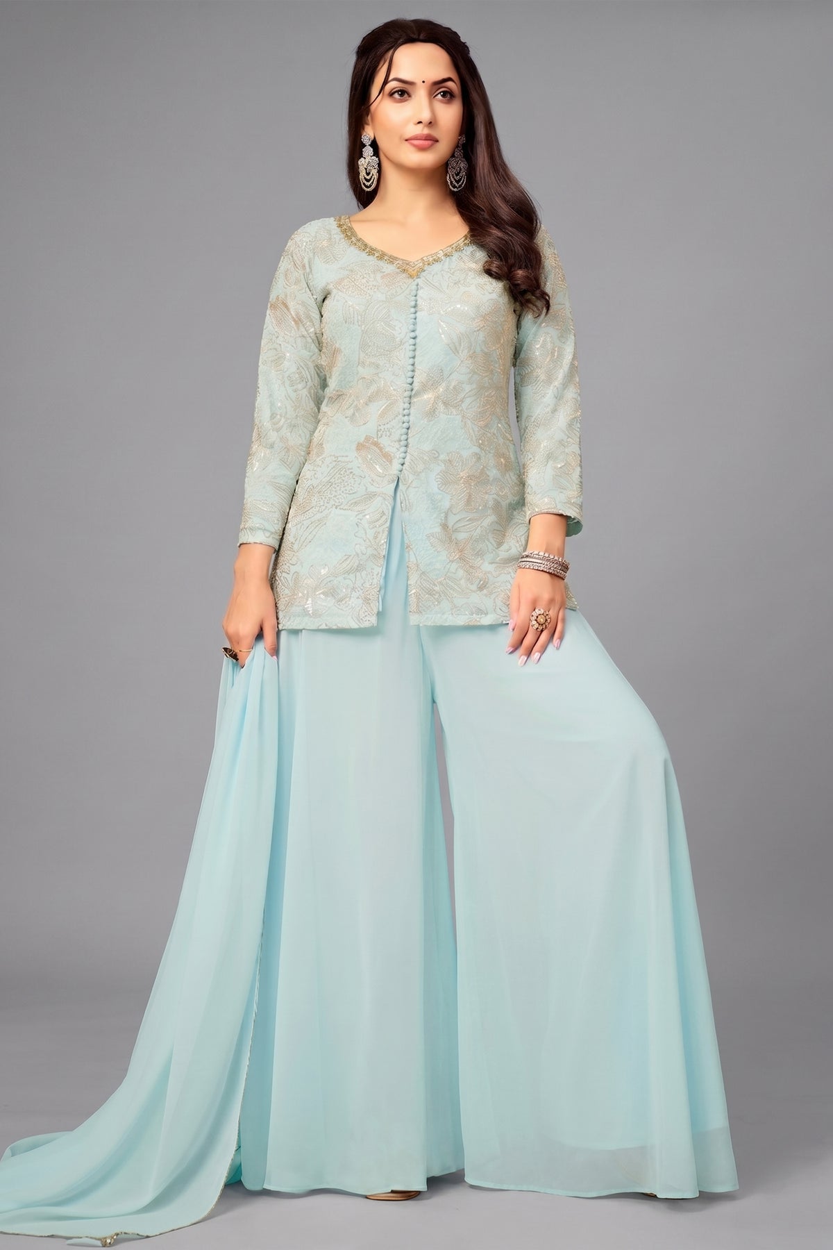 Light Sky Blue Georgette Sequin and Cutdana Worked Palazzo Suit