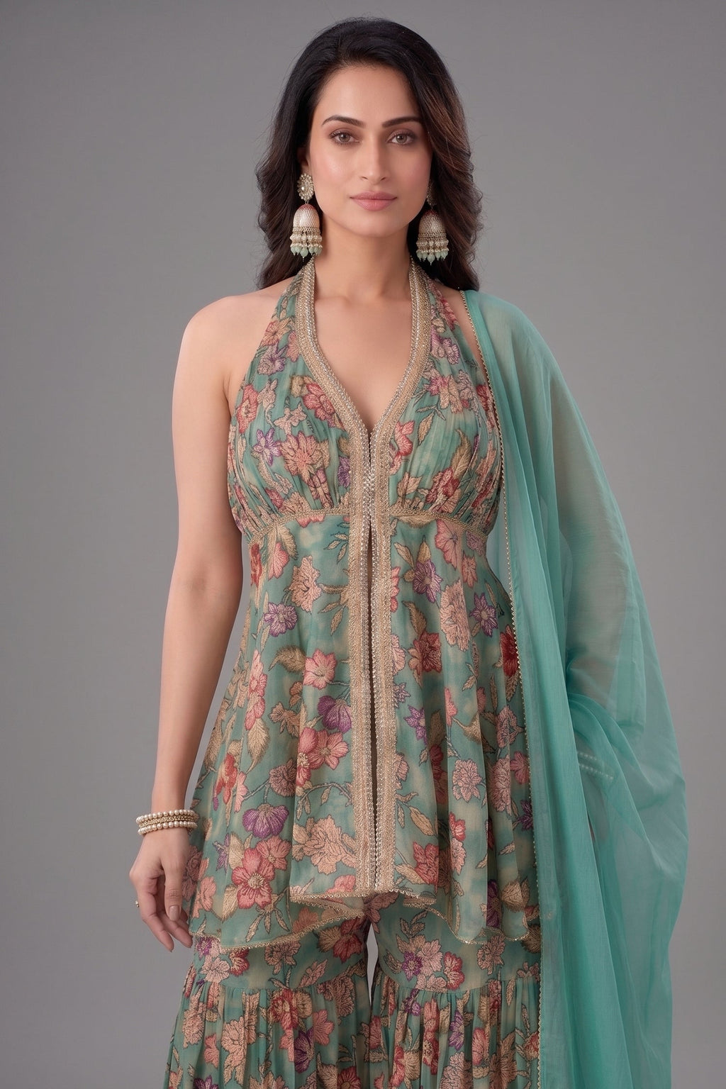 Sea Green Tissue Floral Printed and Sequin Worked Sharara Suit