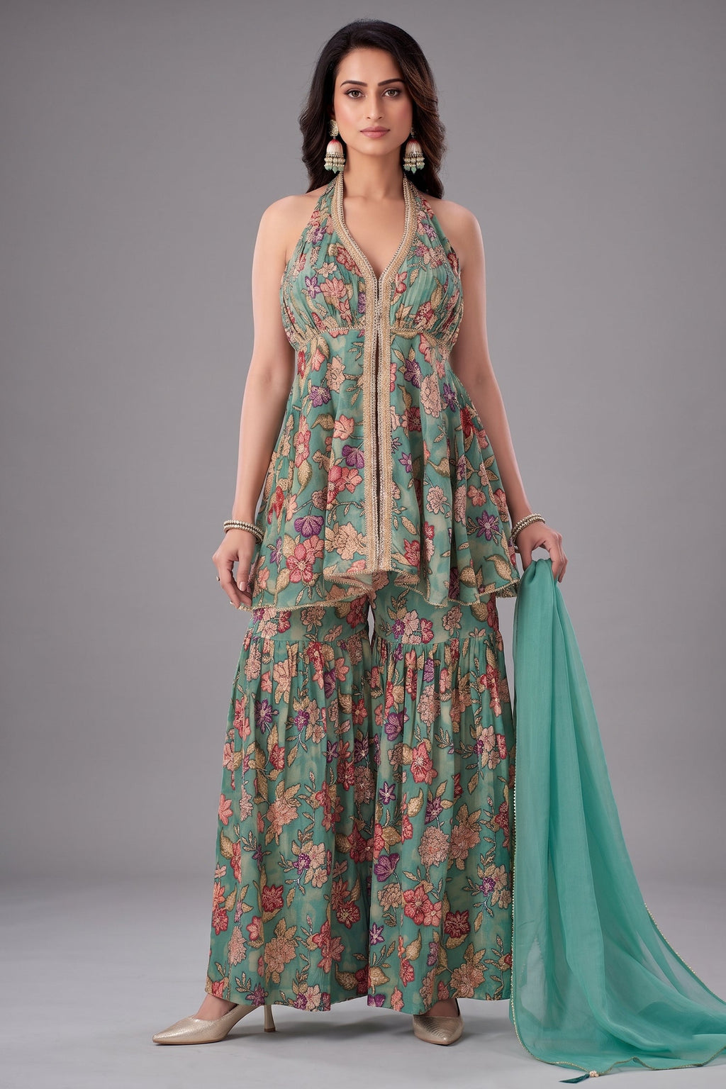 Sea Green Tissue Floral Printed and Sequin Worked Sharara Suit