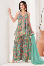 Sea Green Tissue Floral Printed and Sequin Worked Sharara Suit