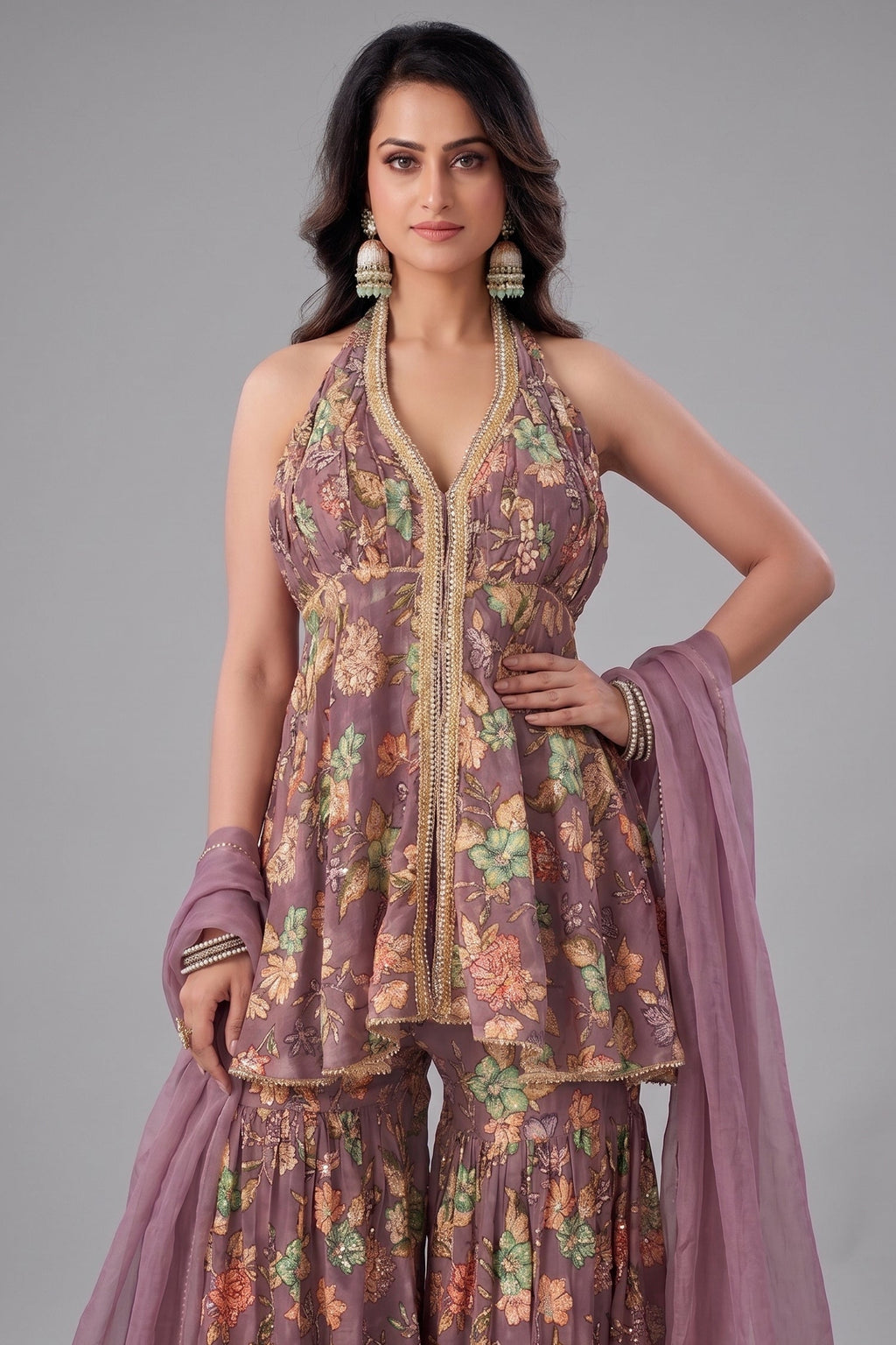 Onion Pink Tissue Floral Printed and Sequin Worked Sharara Suit