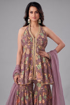 Onion Pink Tissue Floral Printed and Sequin Worked Sharara Suit