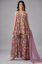 Onion Pink Tissue Floral Printed and Sequin Worked Sharara Suit