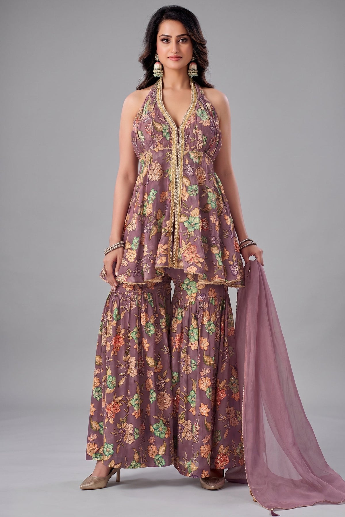 Onion Pink Tissue Floral Printed and Sequin Worked Sharara Suit