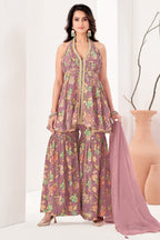 Onion Pink Tissue Floral Printed and Sequin Worked Sharara Suit