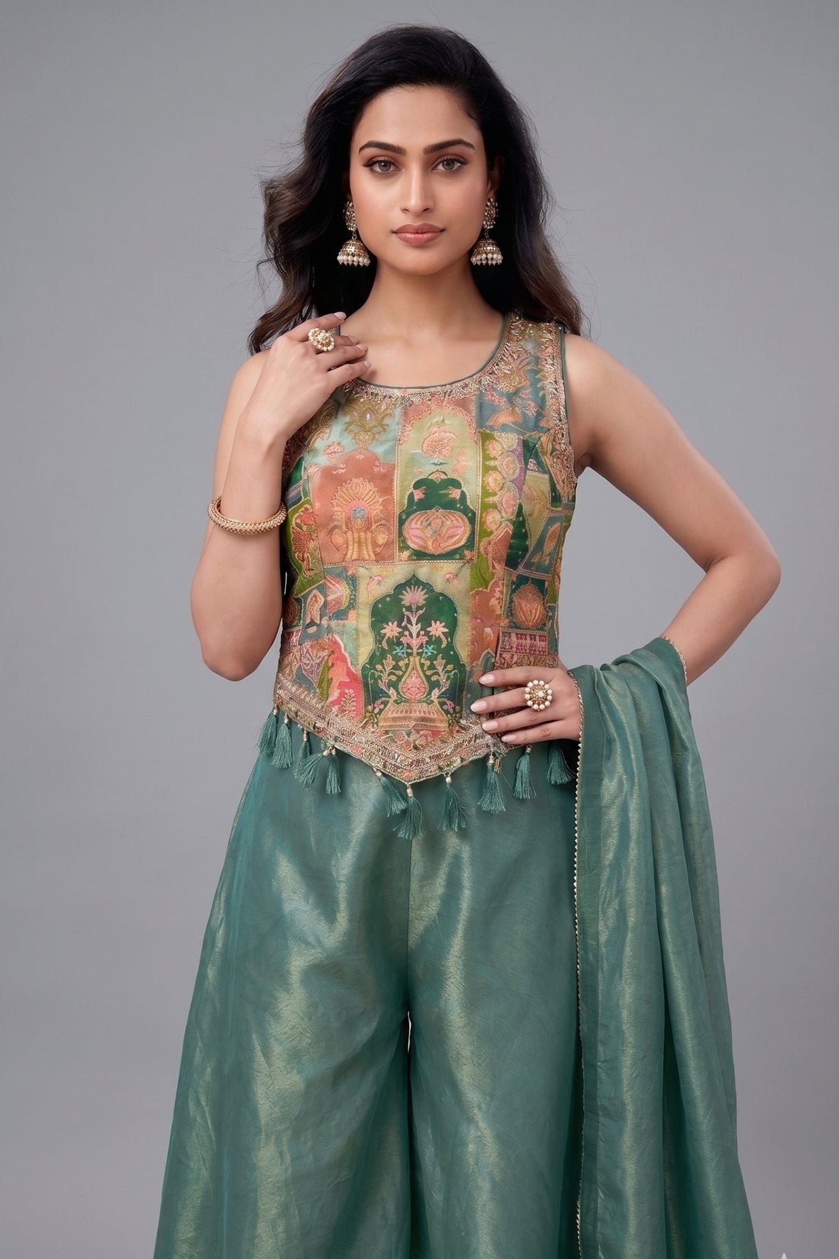 Green Crepe Silk Printed Top and Palazzo Set