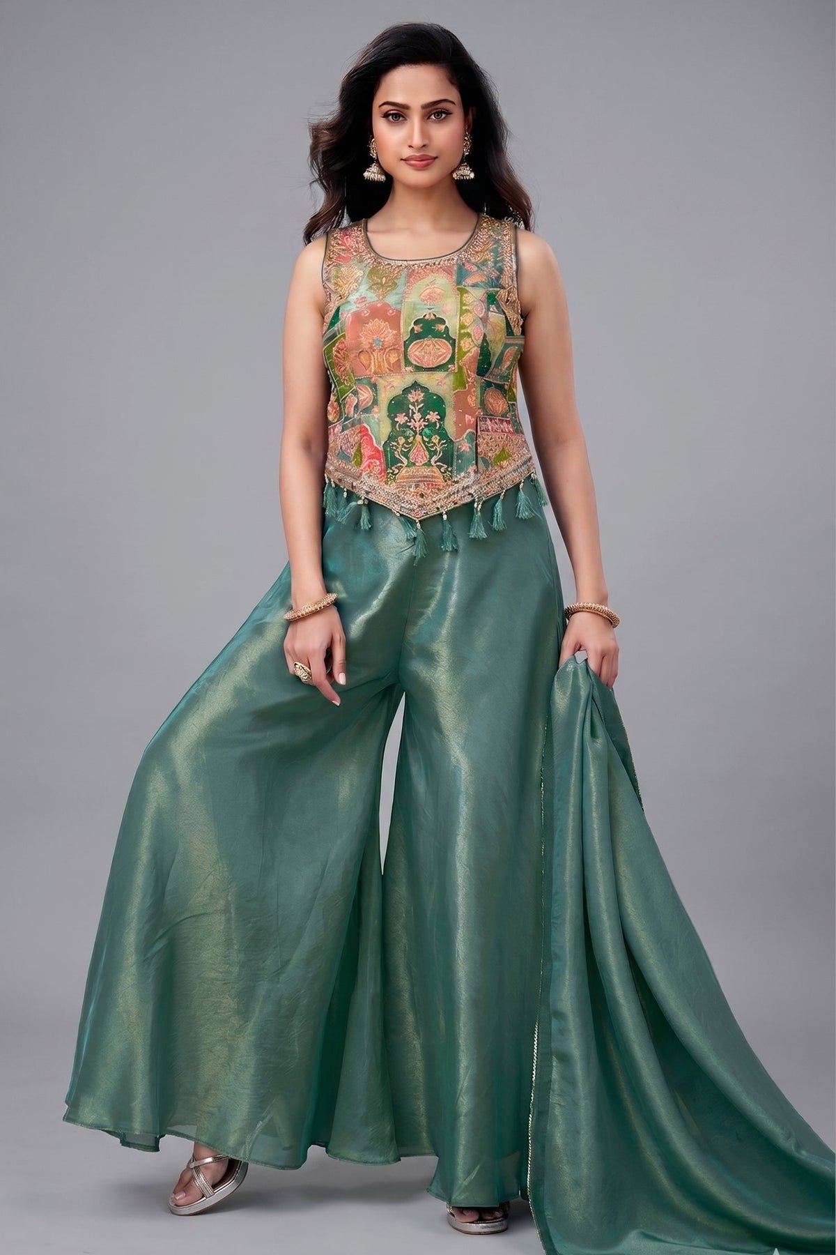 Green Crepe Silk Printed Top and Palazzo Set