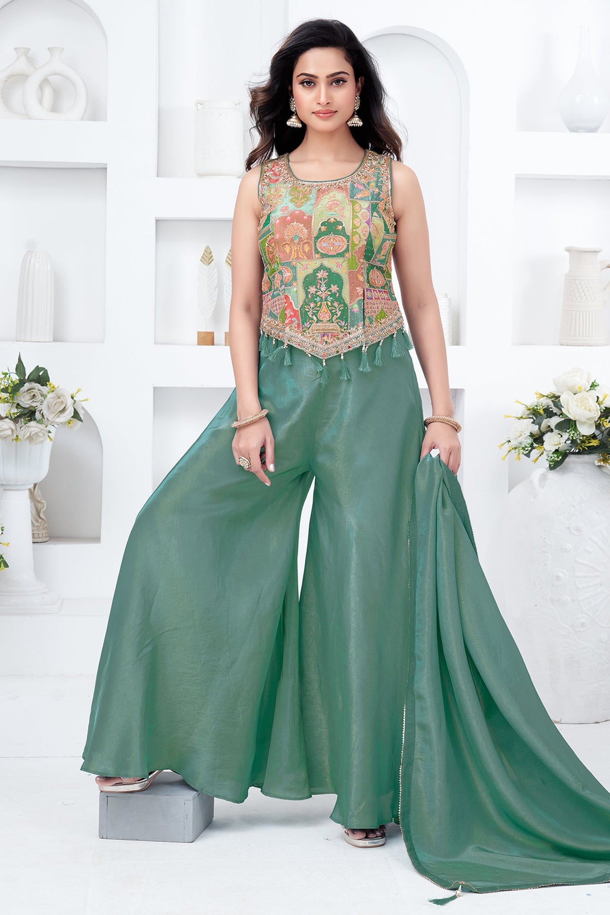 Green Crepe Silk Printed Top and Palazzo Set
