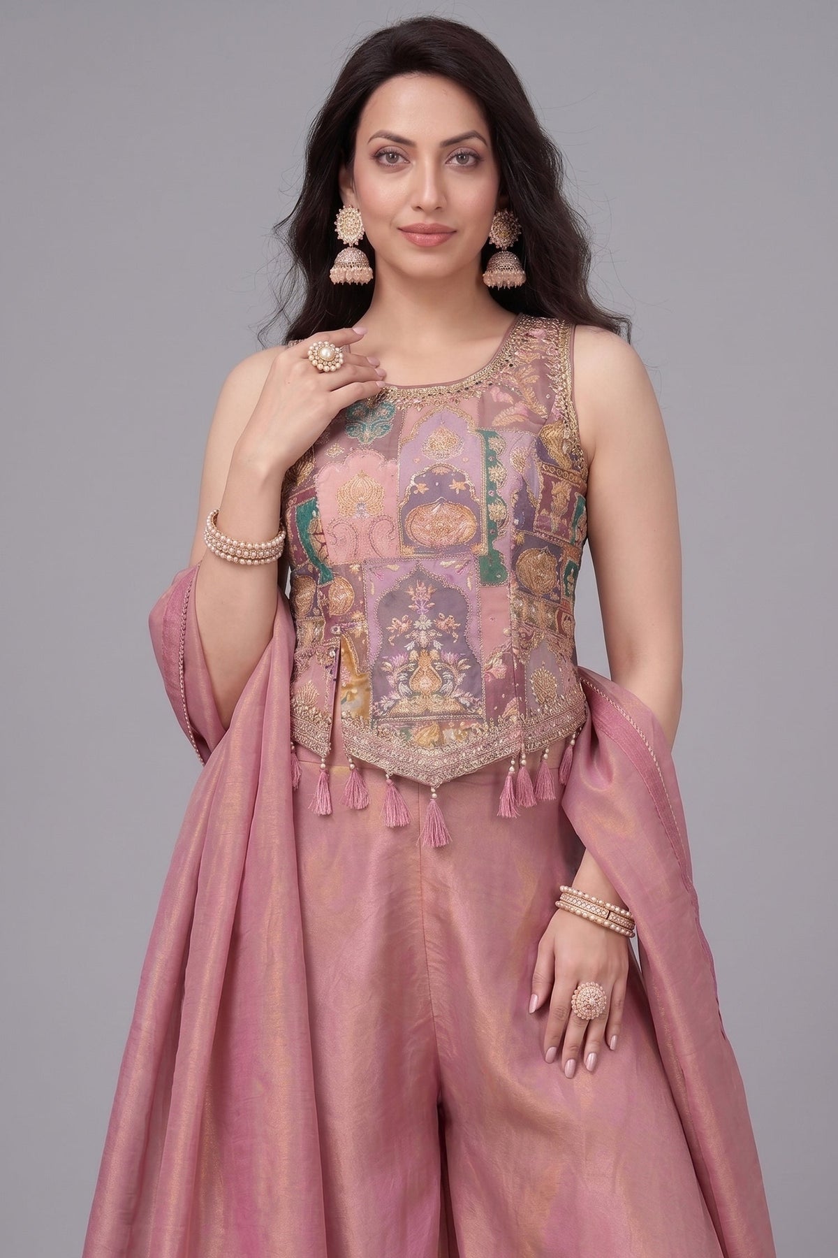 Light Onion Pink Crepe Silk Printed Top and Palazzo Set