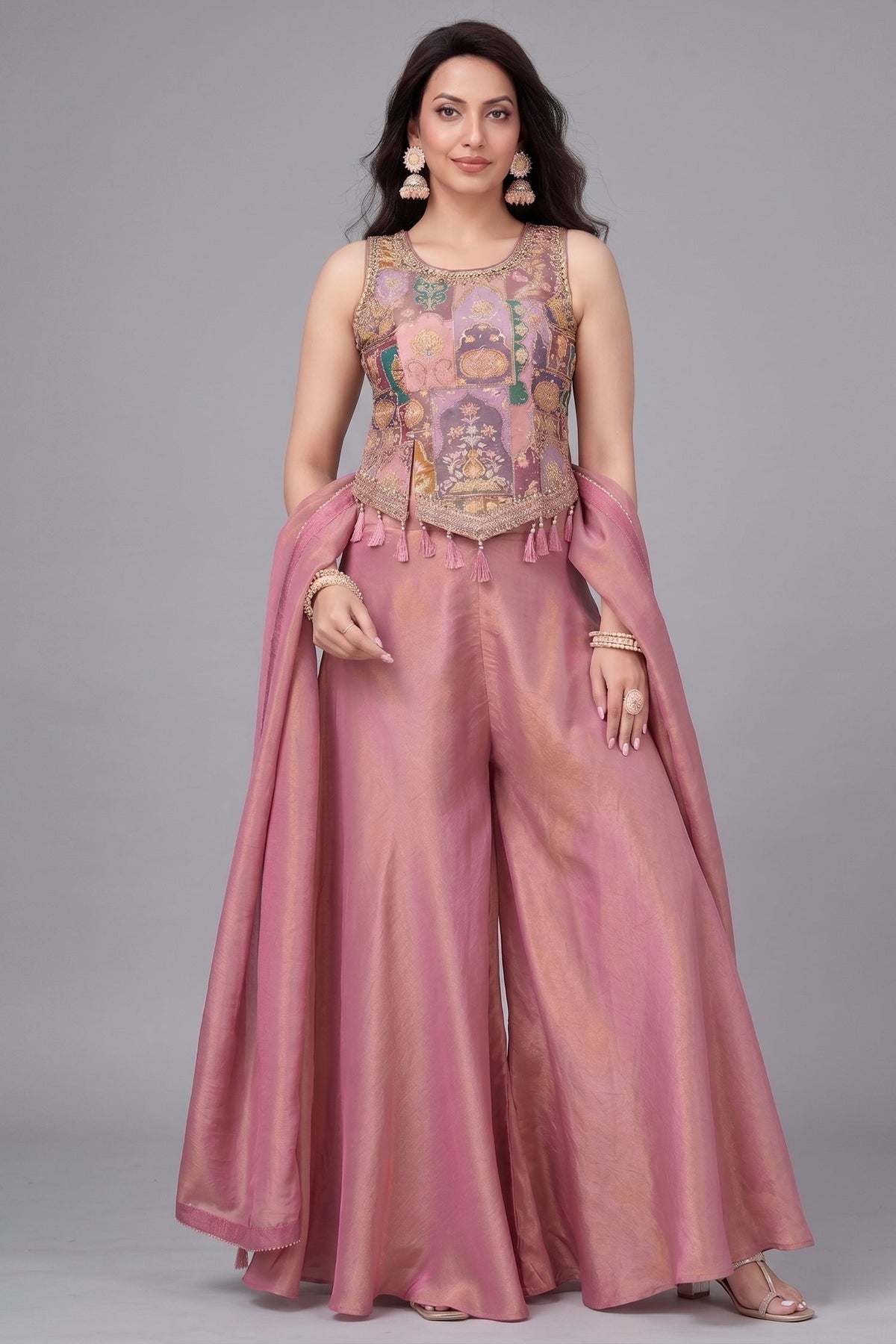 Light Onion Pink Crepe Silk Printed Top and Palazzo Set