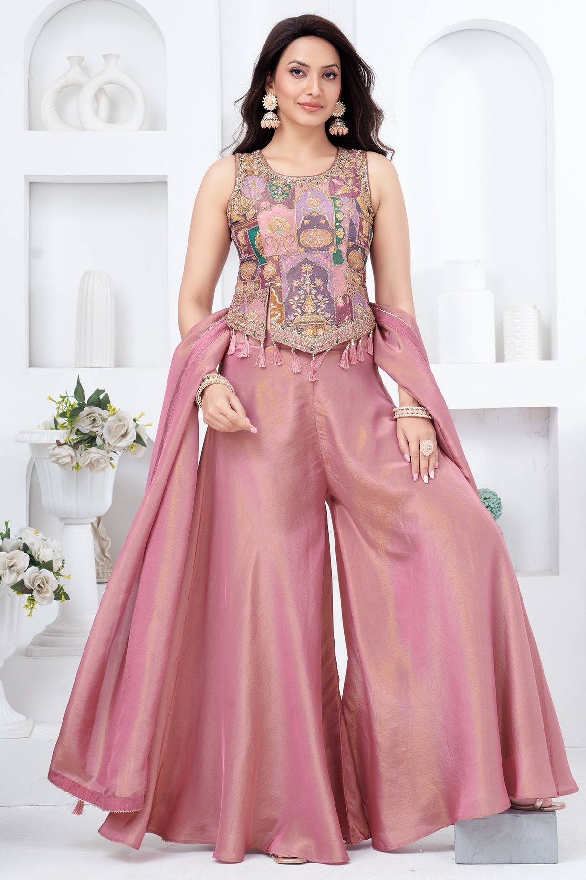 Light Onion Pink Crepe Silk Printed Top and Palazzo Set