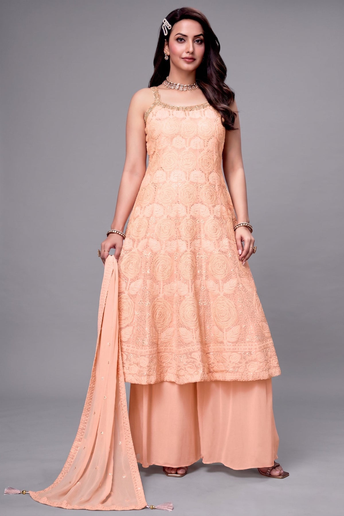 Light Peach Georgette Floral Embroidery and Sequin Worked Anarkali Suit