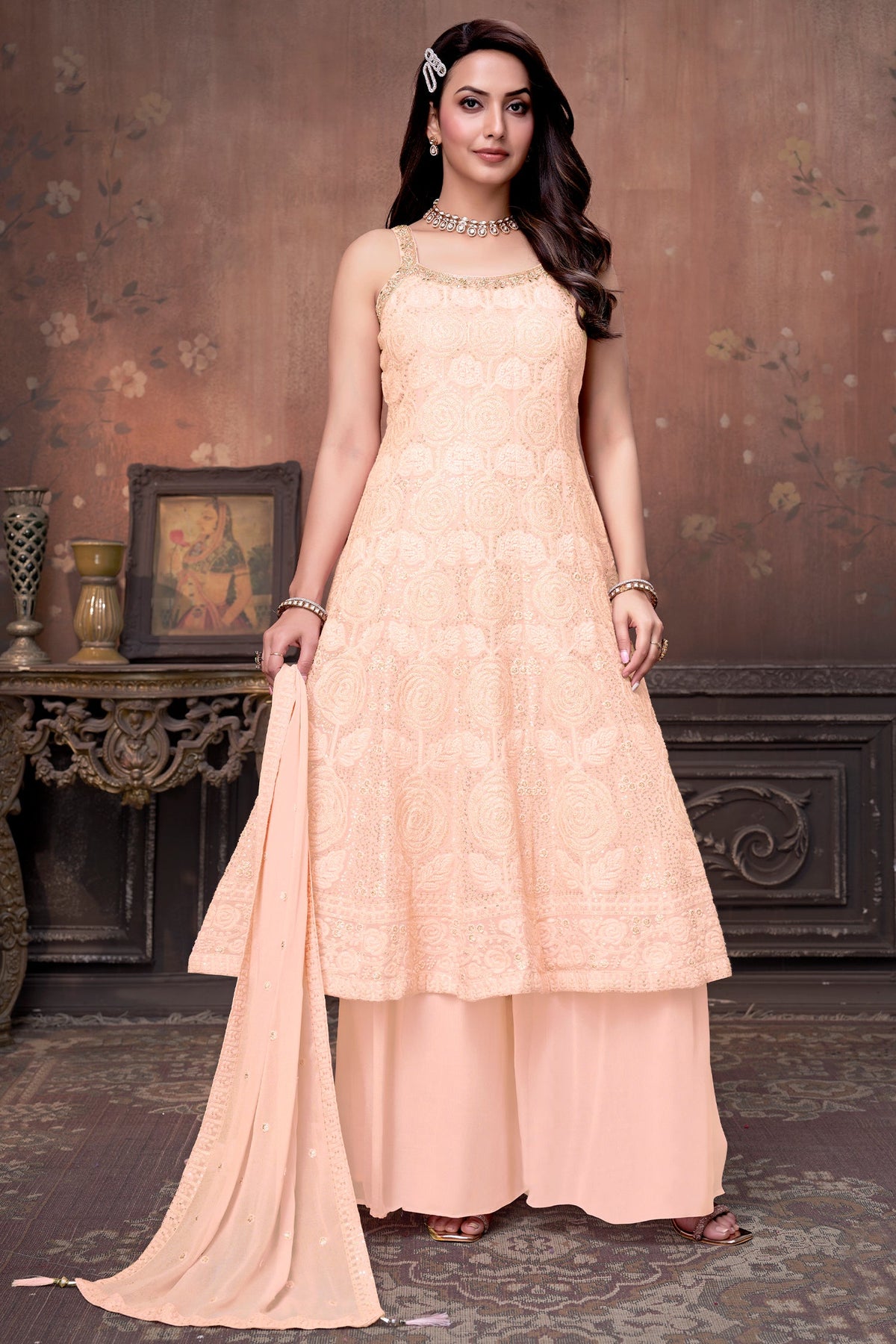 Light Peach Georgette Floral Embroidery and Sequin Worked Anarkali Suit